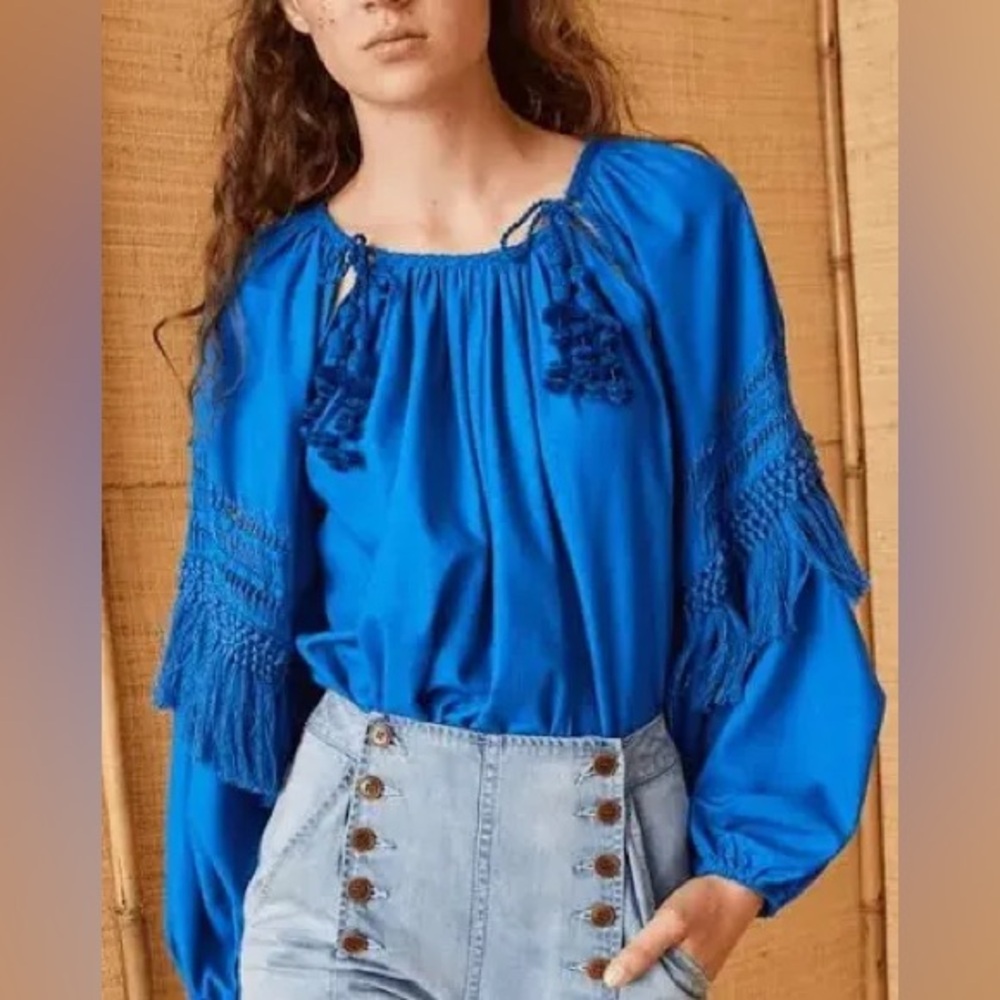 Ulla Johnson Vibrant Blue Raw Silk Pom Pom Blouse Read Description